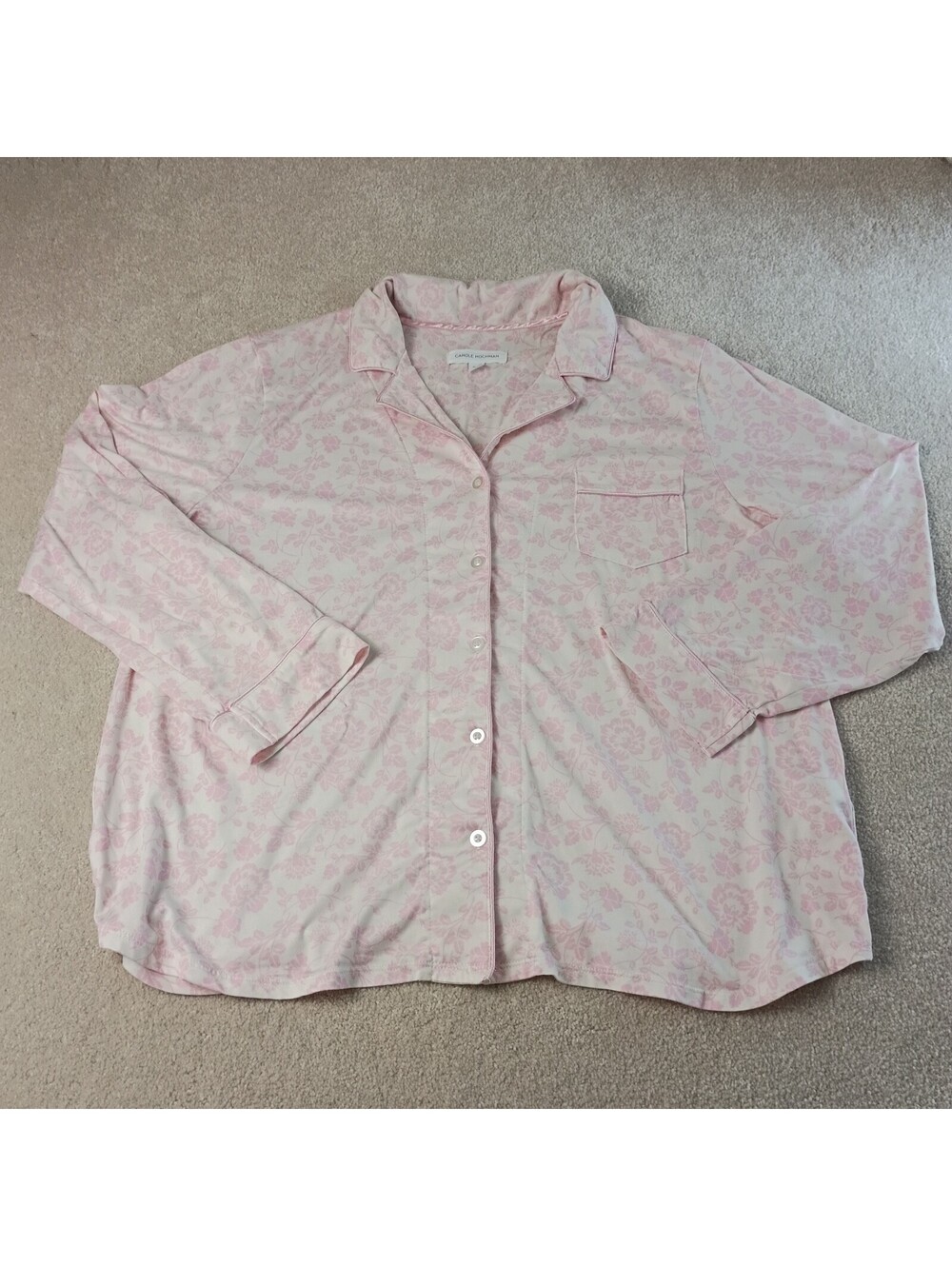 Carole Hochman Pajama Top Pink Floral Cozy Soft  Long Sleeve Button Front Size L